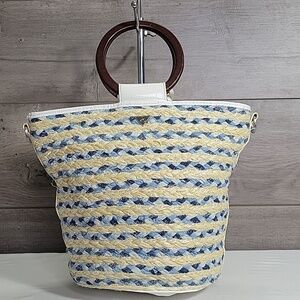 Sam Edelman Straw/Leather Bucket Tote Handbag